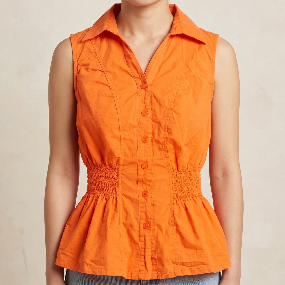 Mia Mia Women's Orange Blouse Sleeveless Smocked Waist Peplum Button Top Small